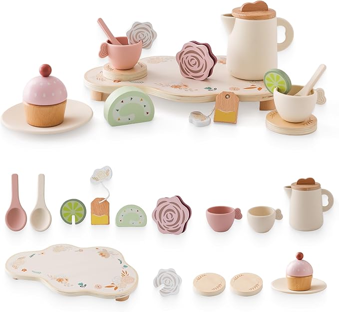 Tea Party Set for Kids - Wooden Tea Set for Little Girls 15PCS Silicone Toddler Tea Set Kitchen Accessories Pretend Play Toy Tea Set for Toddlers - Birthday Gift