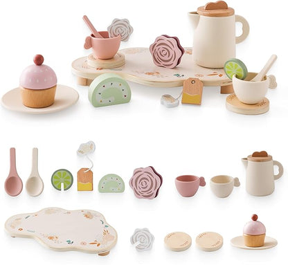 Tea Party Set for Kids - Wooden Tea Set for Little Girls 15PCS Silicone Toddler Tea Set Kitchen Accessories Pretend Play Toy Tea Set for Toddlers - Birthday Gift