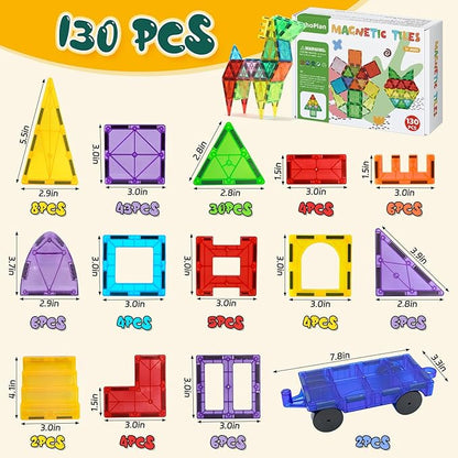 EchoPlan 130 PCS Magnetic Tiles,Magnetic Building Blocks with 2 Cars,Magnet Tiles 3D Clear Construction STEM Preschool Sensory Educational Toys Set for Kids Toddlers Boys 3 4 5 6 7 8 9+ Year Old