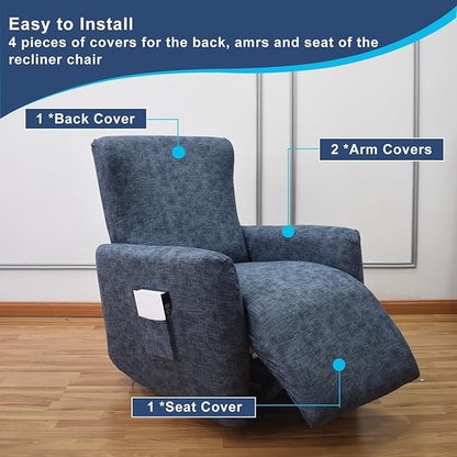 NILUOH Stretch Recliner Cover 4 Pieces Printed Lazy Boy Chair Covers Recliner Sofa Slipcover Anti-Slip Fitted Furniture Protector with Elastic Bottom, 16