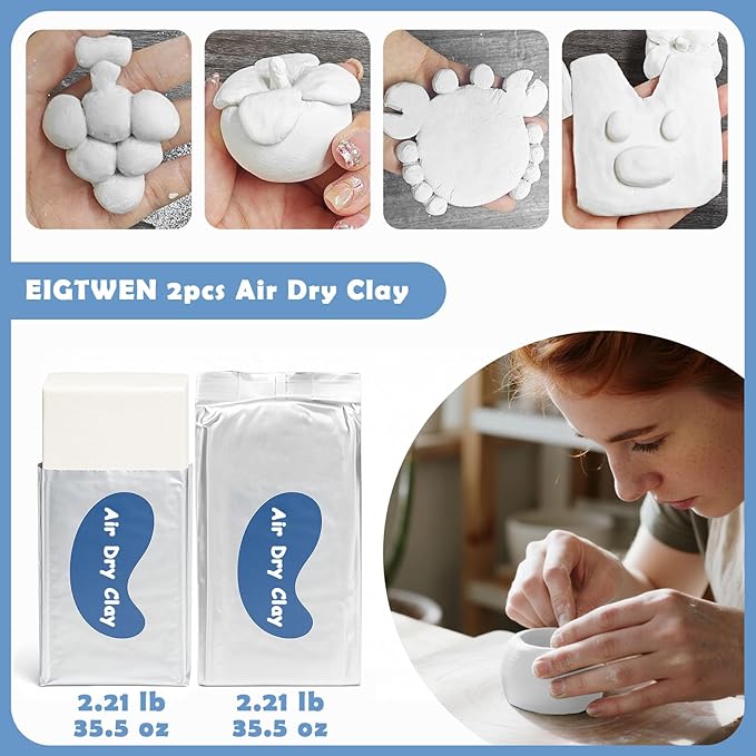 EIGTWEN 20pcs Air Dry Clay for Adults Kit, Includes Air Dry Clay and 50ml Gloss Glaze, Sculpting Tools, 8 Colors of Paint, Paintbrushes, Brushes, Sponges, A Surprise Gift for Art and Craft Enthusiasts