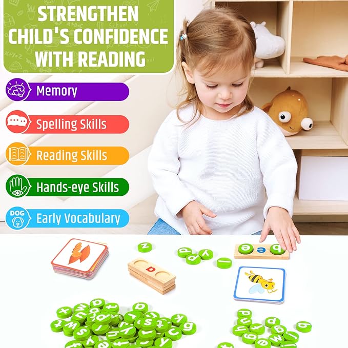Preschool Kindergarten Learning Activities,ABC Learning for Toddlers,Wooden CVC Word Spelling Games with Flash Cards,Montessori Educational Toys Gifts for 3-7 Years Old Kids,Phonics Books for Readers