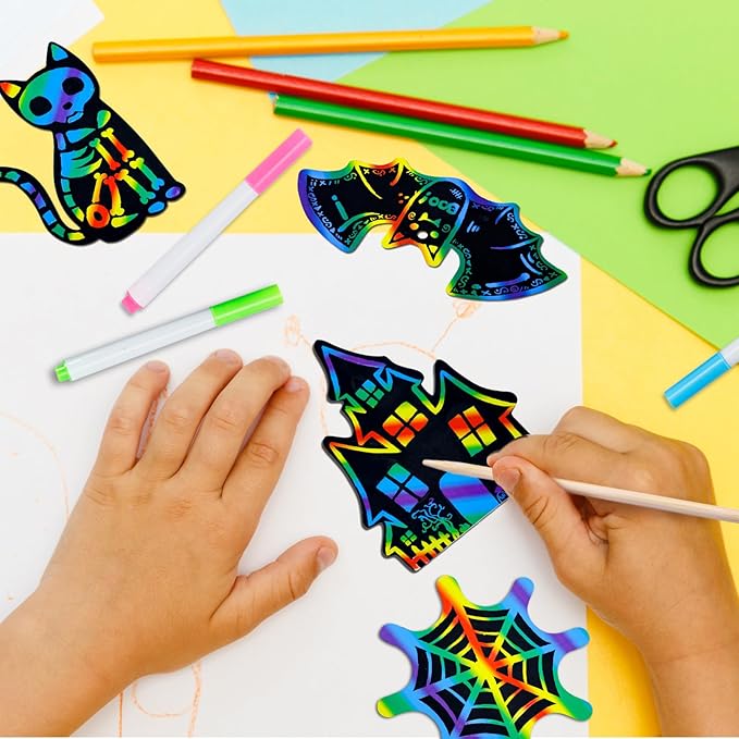 Garma Scratch Paper Craft for Kids - 36 Pcs Halloween Magic Rainbow Scratch Paper Off Cards Set for Kids Crafts Arts Supplies Halloween Ornaments Party Games Classroom Activities Birthday Gifts
