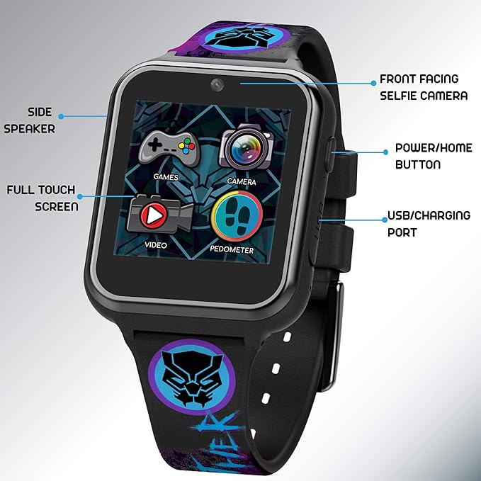 Accutime Kids Marvel Black Panther Black Educational ,Touchscreen Smart Watch Toy for Boys, Girls, Toddlers - Selfie Cam, Learning Games, Alarm, Calculator, Pedometer (Model: AVG4608AZ)