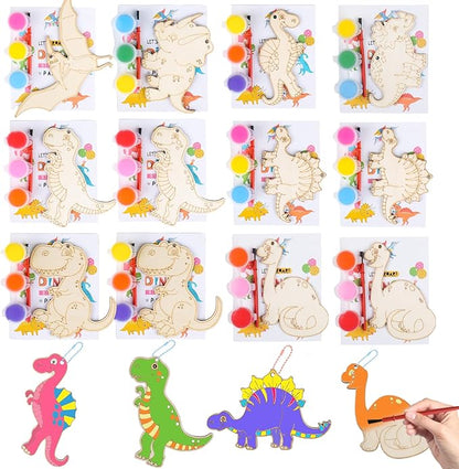 Dinosaur Party Favors for Kids – 12 Pack Dino Painting Kits Wooden Keychains Arts and Crafts for Kids, Birthday Party Rerturn Gifts Goodie Bag Filler Pinata Stuffers Activities Toy Classroom Prizes