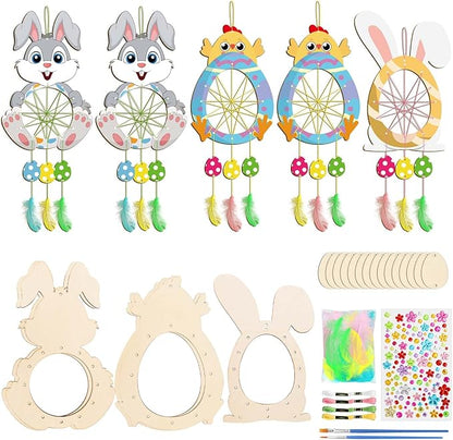 Fennoral 5 Pack Easter Dream Catcher Craft Kit for Kids Paint You Own Bunny Chick Dream Catcher Ornament DIY Coloring Wooden Easter Art and Craft for Art Activity Project Easter Decoration