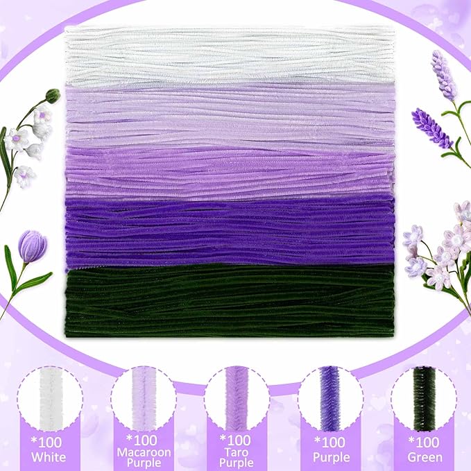 Peryiter 500 Pieces Pipe Cleaners Chenille Stems 12 Inch Craft Supplies Bulk for DIY Art and Craft Projects Creative Gift Wrapping Party Decorations(Purple Flower Color,12 Inch)