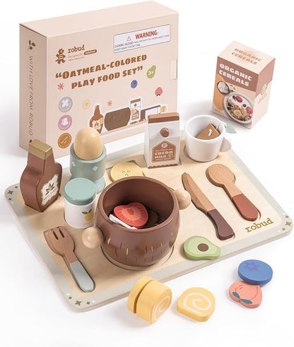 ROBUD 31-Piece Wooden Play Food Set for Kids - Coconut Oats Montessori Kitchen Toys, Educational Pretend Play Dishes with Accessories for Toddlers