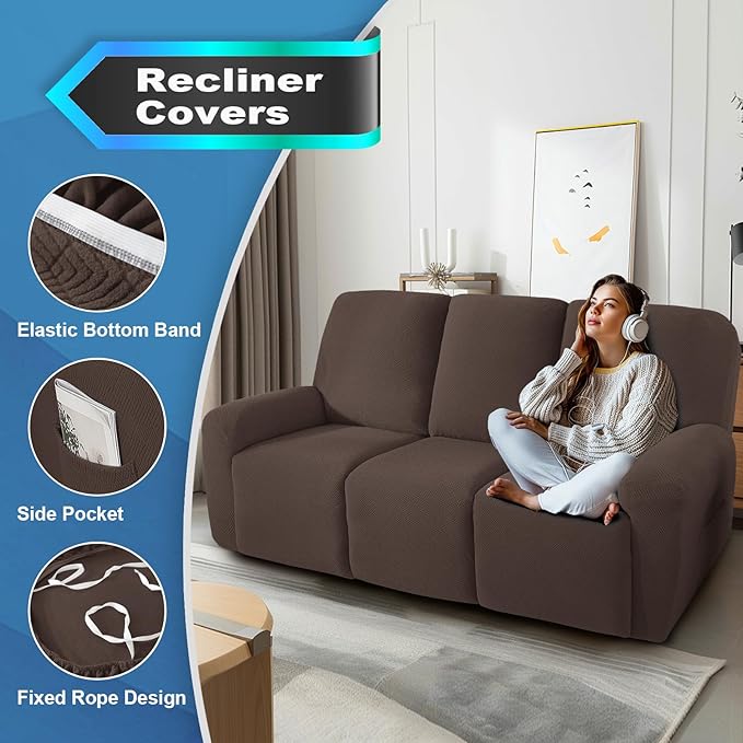 JIVINER 5 Pieces Recliner Sofa Covers Stretch Recliner Sofa Slipcover with Elastic Bottom Jacquard Fitted Reclining 3 Cushion Couch Cover Furniture Protector with Pockets (3 Seater, Coffee)