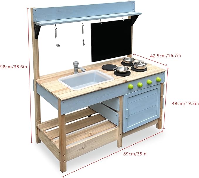 Mud Kitchen Playset for, Outdoor Wooden Toy Play Kitchen Set for Boys and Girls, Kitchen Accessories and Garden Sink with Faucet, Blackboard, Cookware Pot (Blue)