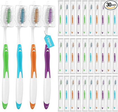 30 Pack Bulk Toothbrushes with Covers, Individually Wrapped Tooth Brush Pack for Adults & Kids, Disposable Toothbrush Medium Soft for Travel, Donations, Hotels