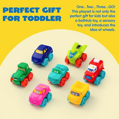 JOYIN Cartoon Cars, Soft Rubber Toy Car Set, Mini Vehicles, Bath Toy Car for Toddlers, Gift for Boys and Girls Christmas Birthday, Summer Beach and Pool Activity, Party Favors for Kids