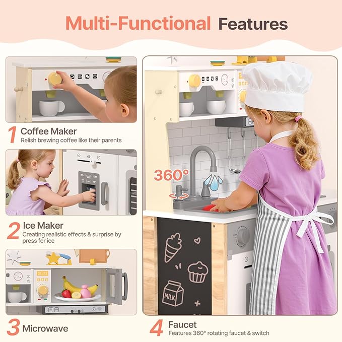 BIERUM Play Kitchen, Wooden Kids Kitchen Playset for Toddlers with Real Lights & Sounds, Height Adjustable Toys Kitchen with 30 Pcs Toy Food & Cookware Accessories