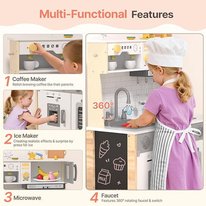 BIERUM Play Kitchen, Wooden Kids Kitchen Playset for Toddlers with Real Lights & Sounds, Height Adjustable Toys Kitchen with 30 Pcs Toy Food & Cookware Accessories