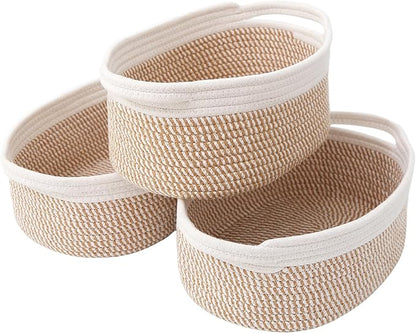 JMvicyroam Woven Basket,Small Rope Storage Bin with Handles & Ribbon Bag, Organizer for Shelves Closets,Gift Basket Empty for Birthday,Books,Dog Toys, White&Brown Block/3 Pack
