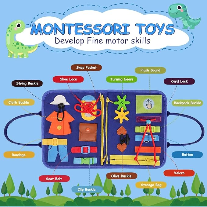 8 in 1 Busy Board for Toddlers 1 2 3 4 Busy Book Toddlers 1-3, Airplane Travel Essential Toys Games Road Trip Activities Book, Puzzles Game, Montessori Fine motor Skills Autism Toys(Dinosaur)