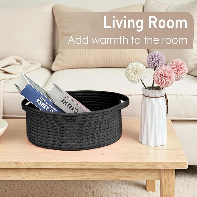 JMvicyroam Woven Basket,Small Rope Storage Bin with Handles & Ribbon Bag, Organizer for Shelves Closets,Gift Basket Empty for Birthday,Books,Dog Toys, Black/2 Pack
