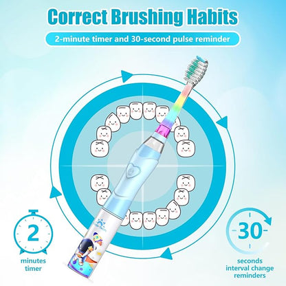 Kids Electric Toothbrush Toddler Toothbrush Age 2-4-8-12 Electric Toothbrush Kids with Timer Rainbow LED Light Up Vibrating Toothbrush Battery Operated Childrens Sonic Tooth Brush (Astronauts Blue)