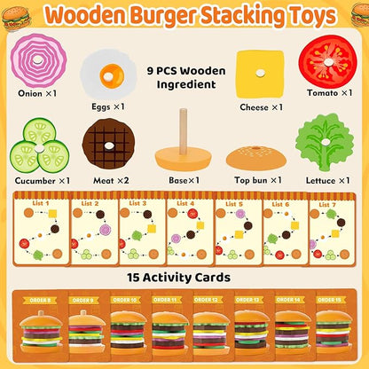 Jumlys Montessori Toys for 2, 3, 4, 5, Year Old, Wooden Burger Stacking Toys, Fine Motor Toys for Kids Boys Girls, Ideal Preschool Educational and Learning Toys, Perfect Christmas Birthday Gifts