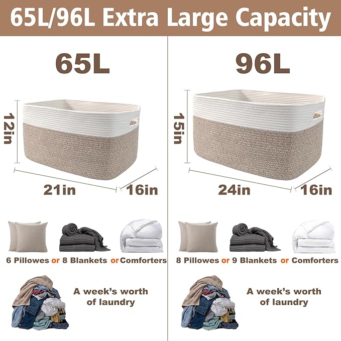 JMvicyroam Woven Blanket Basket,96L Large Storage Bin for Blankets Toys Clothes,Decorative Rope Basket for Living Room Bedroom with Handles, White&Oatmeal