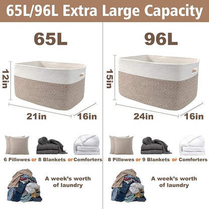 JMvicyroam Woven Blanket Basket,96L Large Storage Bin for Blankets Toys Clothes,Decorative Rope Basket for Living Room Bedroom with Handles, White&Oatmeal