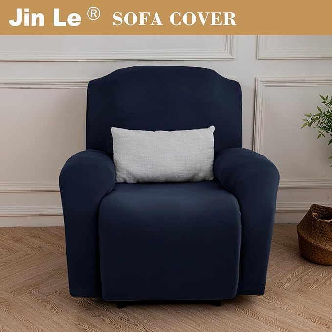 Jin Le 4 Pieces Recliner Cover Stretch Recliner Chair Cover 1 Seater Recliner Couch Covers Sofa Covers Stretch Soft Furniture Protector with Elastic Bottom and Ties for Kids Pet(Recliner, Navy)