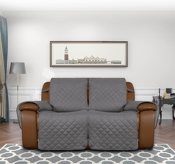 Easy-Going Oversized Loveseat Recliner Cover, Reversible Couch Cover for Double Recliner, Split Sofa Cover for Each Seat with Elastic Straps for Dogs, Pets(Oversized 2 Seater, Gray/Light Gray)