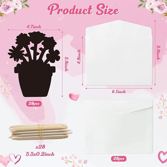 BeYumi Flower Scratch Cards Craft - 28Pcs Teacher Appreciation Flower Scratch Cards Craft Kit with Envelopes DIY Magic Rainbow Color Flower Pot Mother's Day Greeting Cards School Classroom Home Kids