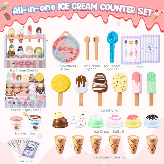 Ehome Wooden Ice Cream Toys Set Pretend Play Food Store for Kids Serve Ice Cream Counter Shop Kitchen Playset with Lucky Wheel, Scoop, Menu, Fake Money for Boys and Girls Ages 3 4 5 6