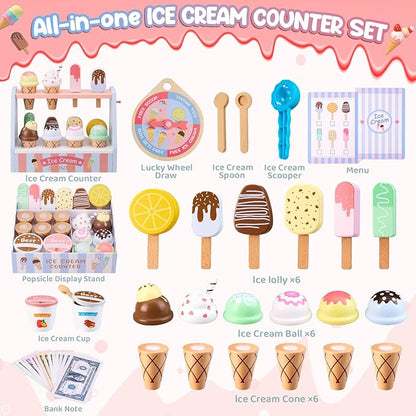 Ehome Wooden Ice Cream Toys Set Pretend Play Food Store for Kids Serve Ice Cream Counter Shop Kitchen Playset with Lucky Wheel, Scoop, Menu, Fake Money for Boys and Girls Ages 3 4 5 6