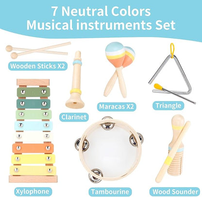 Baby Musical Instruments Set Wooden Montessori Toys for Toddlers 1-3 Percussion Instruments Set Modern Boho Music Toys for Kids Preschool Educational.