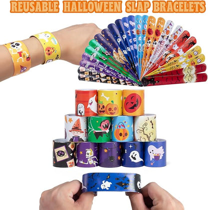 Halloween Bracelets for Kids, 72 PCS Halloween Slap Bracelets Bulk, Halloween Party Favors Toys for Kids, 12 Different Design Bracelets Bulk for Party Favors and Supplies, Halloween Treat Bags Gifts