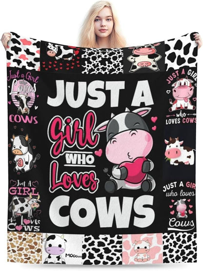 Just A Girl Who Loves Cows Throw Blanket Cute Farm Cow Animal Plush Fleece Soft Cozy Cartoon Cattle Gifts Blanket for Kids Girls Adults Couch Bed Chair Office Dorm Decor 40''X50''