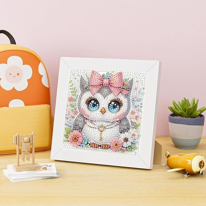 Aestalrcus Diamond Art for Kids Cartoon, Owl Diamond Painting Kits for Kids Ages 4-8-12, Easy Crystal Gem Art for Kid Gift Home Wall Decor 6x6inch(with Frame)