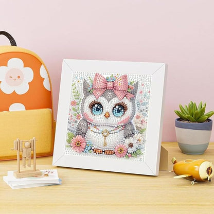 Aestalrcus Diamond Art for Kids Cartoon, Owl Diamond Painting Kits for Kids Ages 4-8-12, Easy Crystal Gem Art for Kid Gift Home Wall Decor 6x6inch(with Frame)