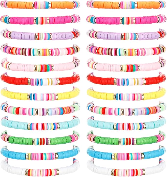 Sureio 24 Pcs Colorful Friendship Bracelets Letter Heart Smile Bracelets Surfer Bracelets Stretch Beaded Bracelet for Women Party Favors(Cute Style)