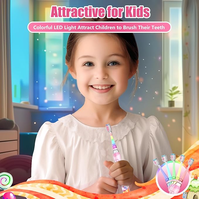 Kids Electric Toothbrush Toddler Toothbrush Age 2-4-8-12 Electric Toothbrush Kids with Timer Rainbow LED Light Up Vibrating Toothbrush Battery Operated Childrens Sonic Tooth Brush (Pink Unicorn)