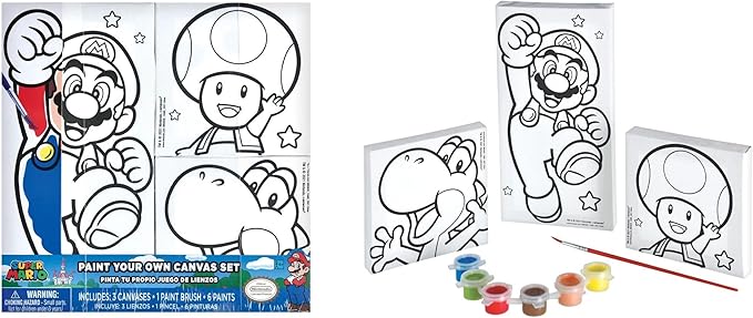 Amscan Super Mario Brothers Color-Your-Own Canvas - Includes 3 Unique Canvases, 6 Vibrant Paints, and 1 Paintbrush for Budding Artists - 1 Set