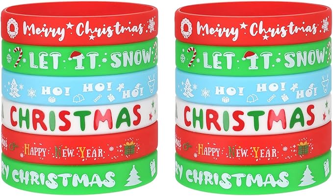JUNEBRUSHS 24Pcs Christmas Silicone Bracelets, Rubber Wristbands Christmas Party Favors for Kids Decorations for Xmas Stocking Stuffers Wrist Band Accessories Gifts Supplies