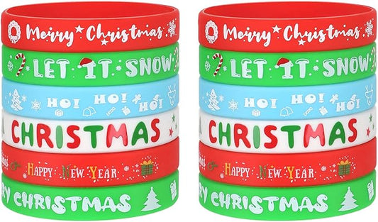 JUNEBRUSHS 24Pcs Christmas Silicone Bracelets, Rubber Wristbands Christmas Party Favors for Kids Decorations for Xmas Stocking Stuffers Wrist Band Accessories Gifts Supplies