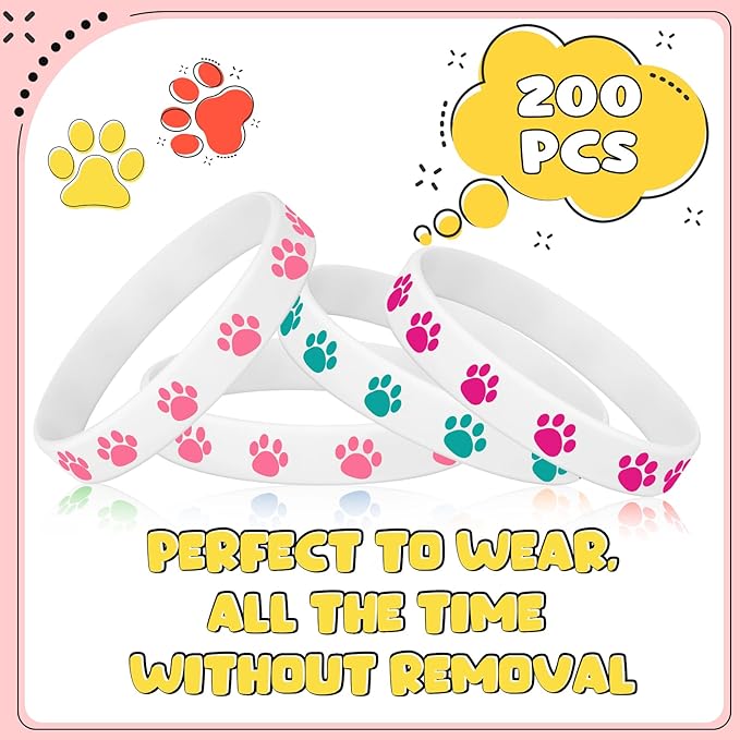 Funtery 100 Pcs Paw Print Rubber Bracelet Silicone Stretch Wristbands Dog Paw Silicone Bracelet Rubber Wristbands Dog Party Favors Birthday Party Supplies Decorations(Bright Color)