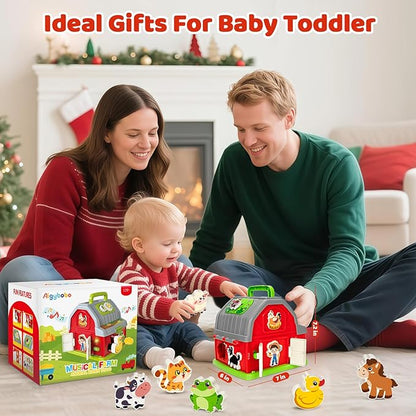 Toddler Toys for 1 2 3 Year Old Boys Girls, Upgraded Musical Farm Animal Barn Toy Gifts, Montessori Fine Motor Skill Learning & Educational Toys, Christmas Birthday Gift for Baby 12-18 Months+