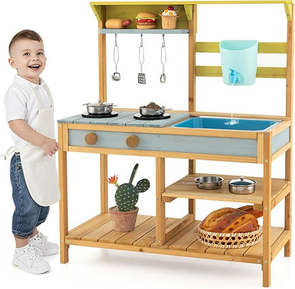 HONEY JOY Mud Kitchen, Fir Wood Outdoor Play Kitchen for Toddlers, Removable Sink, Real Water Tank with Faucet, Utensils, Pretend Play Mud Kitchen for Kids Outdoor, Gift for Boys Girls, Natural