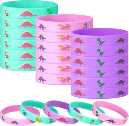 Chivao 30 Pack Dinosaur Party Favors Pink Dinosaurs Silicone Wristbands Rubber Bracelets for Girl Birthday Party Supplies Gifts Bag Stuffer 3 Colors