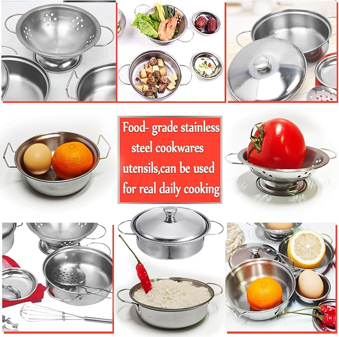 Rupnoflbui Kids Pretend Play Kitchen Toys,Mini Cooking Toys Set Play Kitchen Accessories with Stainless Steel Pots and Pans Set,Pretend Play Food Cooking Utensils Cookware for Girls Boys.11Pcs