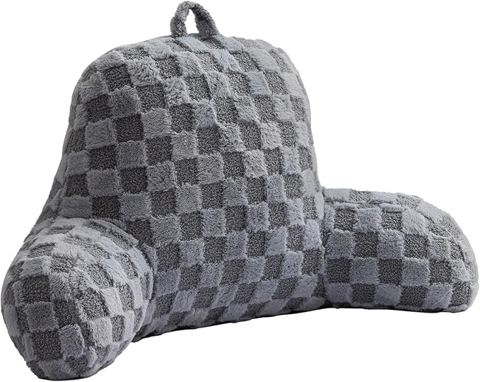Aimuan Reading Pillow Checkered Bed Rest Wedge Backrest Checkerboard Pillow with Arms Back Support for Sitting Up in Bed Cushion Incline Rest Sleeping Snoring Pillow (Grey,Large)