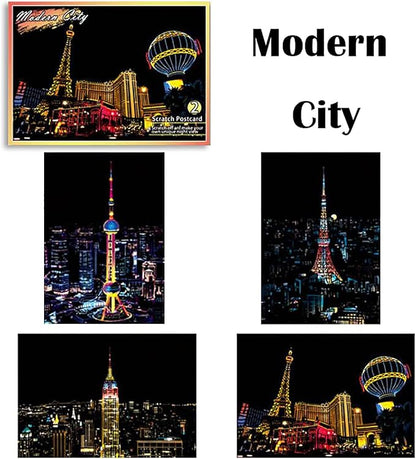 Georgie Porgy Scratch Paper Art Set DIY Arts and Crafts Kits for Kids Adults Magic Rainbow Scratch Postcards for Christmas Birthday Gift with Scratching Tools Kit (Classical Ancient Modern City)