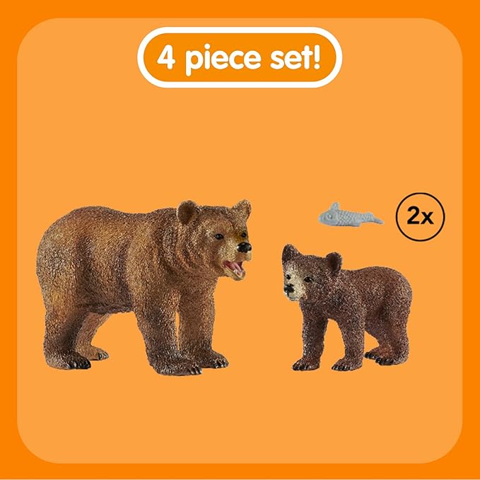 Schleich Wild Life Realistic Grizzly Bear Mother, Cub, and Fish - 4-Piece Animal Toy Playset, Durable and Educational Figurines for Fun Adventures for Boys and Girls, Gift for Kids Ages 3-8