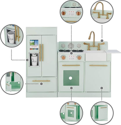 Teamson Kids Little Chef Charlotte Kids Play Kitchen, Wooden Kitchen Playset for Toddlers with Accessories, Pretend Ice Maker, Modular Design, & Storage Space, Mint/Gold, Gift for Ages 3+