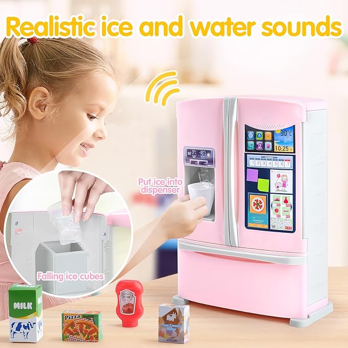 PLAY Kids Kitchen Refrigerator with Ice Dispenser, Pretend Play Fridge Kitchen Set for Toddlers, Toy Kitchen Appliance Accessories for Girl Boy Christmas Birthday Gift Age 1-3 4-8, Pink